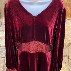 Grace Karin Velour Blouse Top Women Large Maroon Wine Sequins Holiday Party